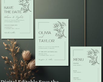 Minimalist Wedding Stationery Bundle, Editable Wedding Invitation Set, Save the Date and Menu Template, Modern Floral Line Art, digital