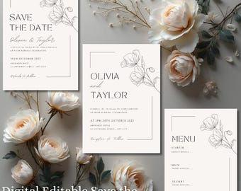 Minimalist Wedding Stationery Bundle, Editable Wedding Invitation Set, Save the Date and Menu Template, Modern Floral Line Art, digital