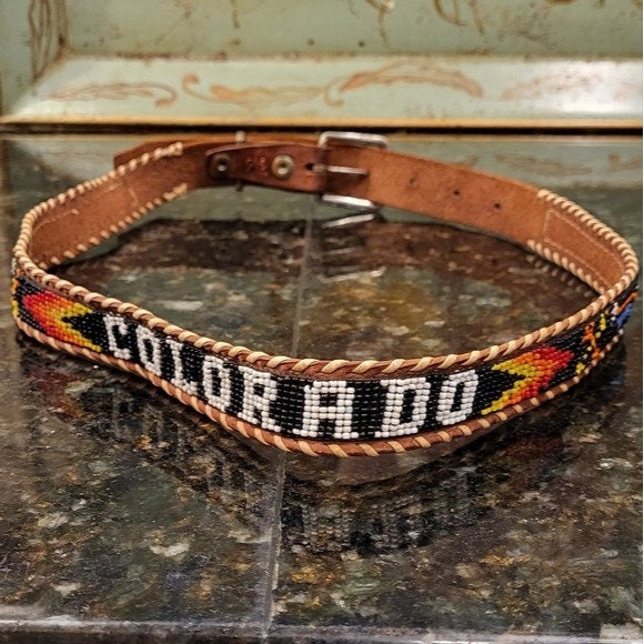 Vintage Tooled Leather & Bead Colorado Belt. Tan Leather and Colorful Bead Work Polychrome Hand-Tooled Seed Bead Western Belt by Myra Bag  main image 4