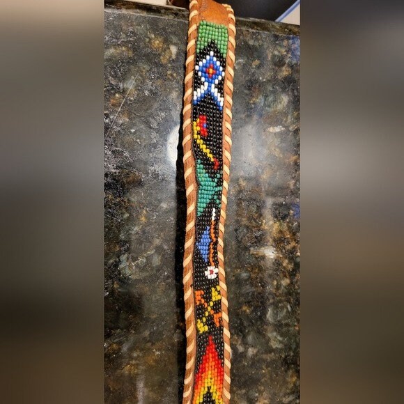 Vintage Tooled Leather & Bead Colorado Belt. Tan Leather and Colorful Bead Work Vintage Tooled Leather & Bead Colorado Belt. Tan Leather and  main image 2