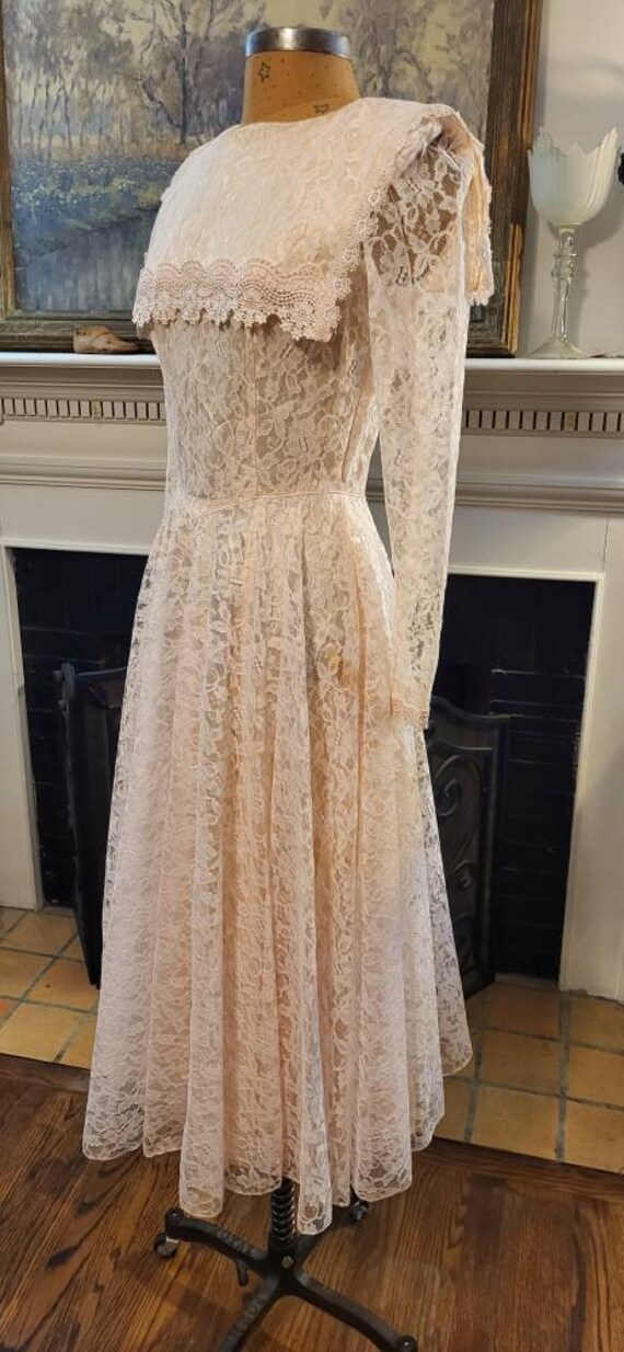 1980s Baby Pink Lace Midi Long Sleeve Dress - image 2