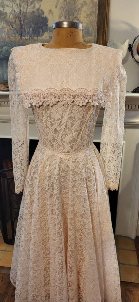 1980s Baby Pink Lace Midi Long Sleeve Dress - image 10