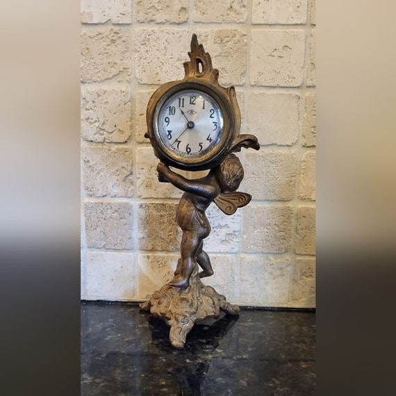 Antique Waterbury Art Nouveau Bronze Cherub Mantle / Table Clock
