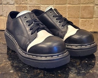 Vintage 90s Doc Martens Black and White Oxford Chunky Platform US 6 Made in UK