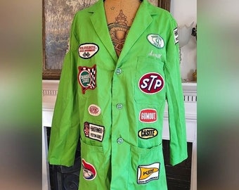 Vintage Neon Green Mechanics Jacket Covered In Old Vintage Patches