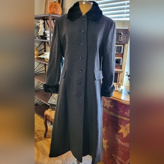 Vintage Albert Nipon Long Grey Wool and Black Fau… - image 1