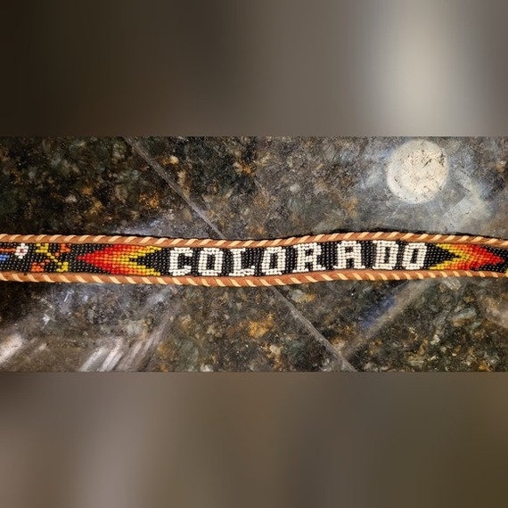 Vintage Tooled Leather & Bead Colorado Belt. Tan Leather and  display picture 2
