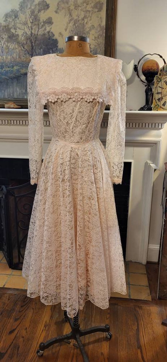 1980s Baby Pink Lace Midi Long Sleeve Dress - image 1