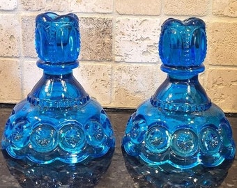 Beautiful Vintage Pair of LE Smith Pressed Blue Glass Moon Candle Holders 1970s