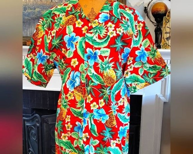 Featured listing image: Vintage RJC Vibrant Red Flowered and Pineapple  Hawiian Shirt XL