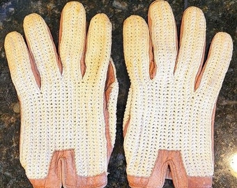 Vintage Brown Leather and Cream Crochet Driving Gloves