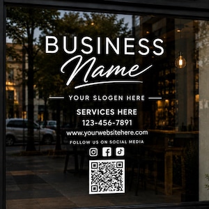 Personalized Business Window Decal, Custom Storefront Vinyl with QR Code, Window Lettering, Vinyl Decal with QR Code, Water and Weatherproof