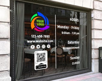 Personalized Store Hours Decal: Custom Logo, QR Code - Outdoor Vinyl
