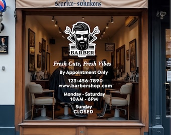 Custom Barber Shop Window Decal: Business Logo, Hours & Sign