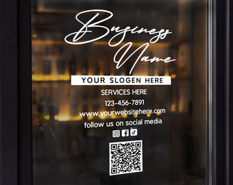 May include: White storefront sign with the text "Business Name", "YOUR SLOGEN HERE", "SERVICES HERE", "123-456-7891", "www.yourwebsitehere.com", "follow us on social media", and icons for Instagram, Facebook, and TikTok. A QR code is also included.