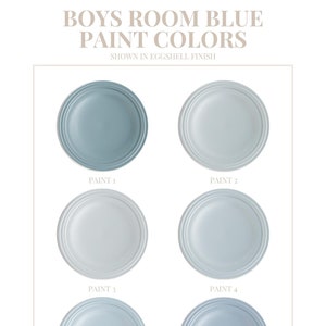 Puede incluir: Seis muestras de pintura de color azul, mostradas en acabado cáscara de huevo. Las muestras están etiquetadas como "Pintura 1" a "Pintura 6".