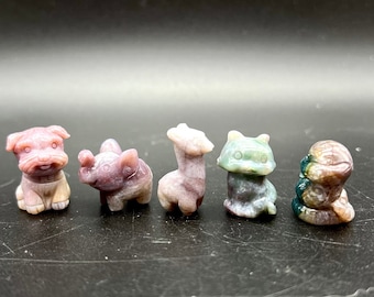 Cute mini animal crystal carvings, pastel ocean jasper colors, llama, snake, elephant, cat, and dog, tiny decor