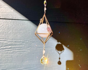 Blue Chalcedony suncatcher, mobile centerpiece, window hanging ornament, window decor, rainbow maker, crystal prism, metaphysical gifts