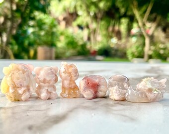 Cute mini animal flower agate crystal carvings, teddy bear, cat, nine-tail fox, and bunny, mini decor