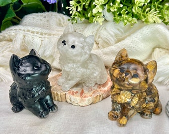 Kitten crystal chip and resin figurine, kitty statue, obsidian, quartz, tiger eye chips, cat decor, pet memorial, metaphysical gifts