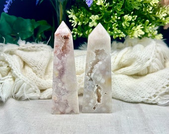 Light pink amethyst towers with flower agate inclusion, druzy crystal tower, witchy altar decor, spiritual healing, metaphysical gifts