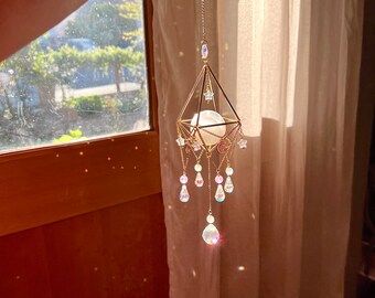 Selenite sphere suncatcher, mobile centerpiece, window hanging ornament, window decor, rainbow maker, crystal prism, metaphysical gifts