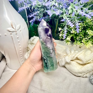 Snowflake fluorite tower, green, purple and blue fluorite, crystal decor, collectible, altar decor, spiritual healing, metaphysical gifts