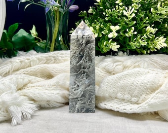 Moss agate tower, tree agate, self standing crystal tower display, stone carving, altar decor, spiritual healing, metaphysical gift