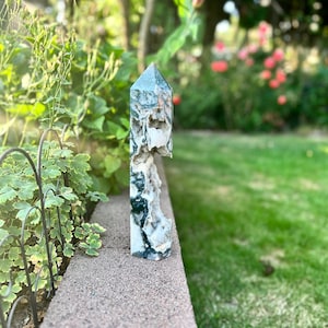 Large moss agate druzy tower, tall self standing crystal tower display, Moss agate carving, altar decor, statement piece, metaphysical gifts