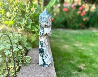 Large moss agate druzy tower, tall self standing crystal tower display, Moss agate carving, altar decor, statement piece, metaphysical gifts