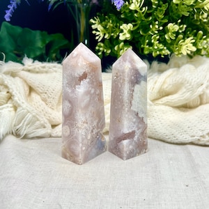 Pink amethyst flower agate towers with druzy, rare crystal point, witchy altar decor, spiritual healing, metaphysical gifts