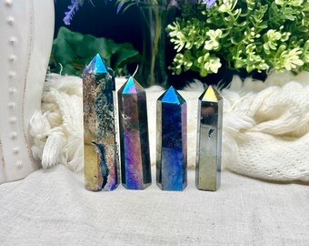 Moss agate aura coated towers, earthy decor, altar, witchy, crystal point, spiritual healing, metaphysical