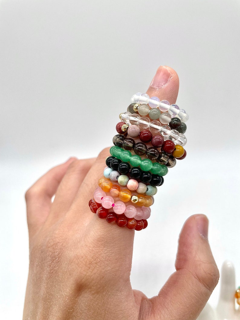 Crystal beaded ring of various materials, stretchy ring, spiritual healing, natural stone, for her image 1