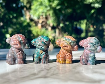 Rzeźba z pudla lub maltipoo z jaspisu oceanicznego, polerowana rzeźba z kamienia, kryształowe zwierzątko, dekoracja w kształcie psa, rzeźba z kamienia zwierzęcego, upominek dla zwierzaka