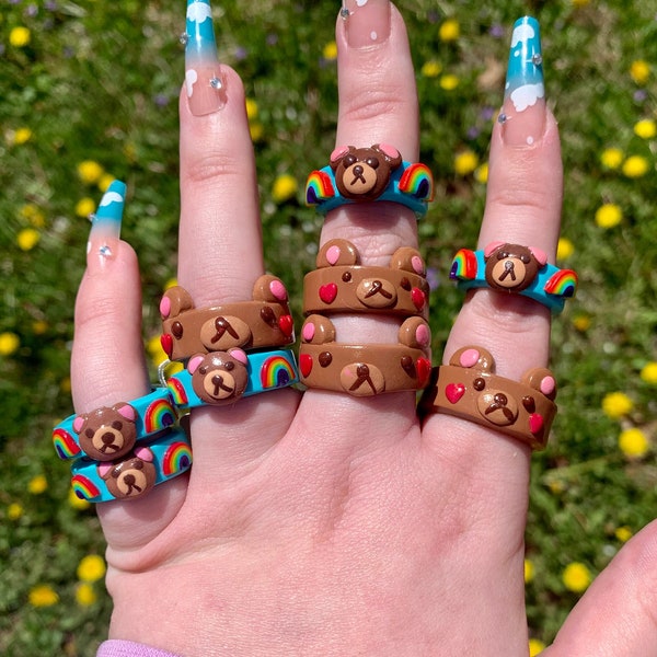 Brown Bear with Heart Blush Clay Ring | Polymer Hypoallergenic Nonmetal Rings Aesthetic Jewelry Statement Rings Valentine's Day Animal