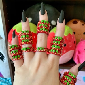 Glitter Strawberry Band Ring | Polymer Clay Glittery Statement Aesthetic Jewelry Fruit Rings