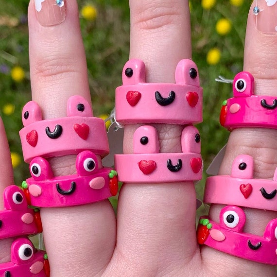 Pink Frog With Heart Blush Clay Ring Polymer Clay Hypoallergenic