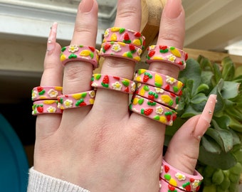 Cute Clay Chunky Rings Clay Strawberries, Lemons, Flowers Clay