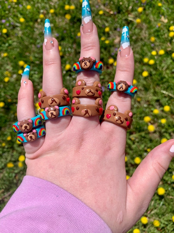 Brown Bear With Heart Blush Clay Ring Polymer Hypoallergenic