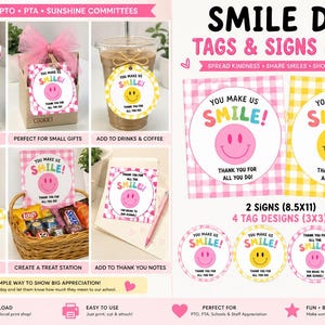 Smile Day Teacher Appreciation-bundel | Labels en borden voor waardering van het personeel | PTO PTA Sunshine Committee | Schoolpersoneel bedankt afdrukbaar