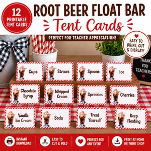 Tarjetas imprimibles para barra de refrescos con helado de raíz, decoración de agradecimiento a los maestros, etiquetas para barra de refrigerios en la sala de descanso del personal, letreros para eventos de la PTO/PTA, descarga instantánea.