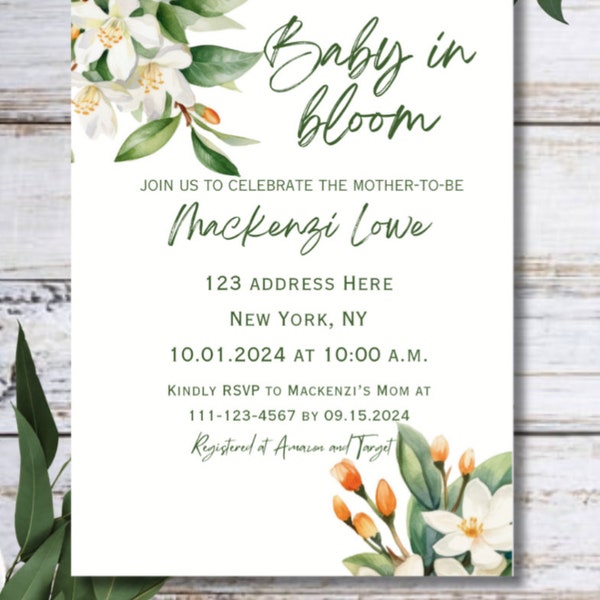Baby in bloom baby shower or baby sprinkle invitation instant download template