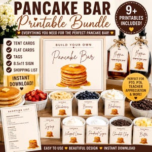 Könnte beinhalten: Ein druckbares Pancake Bar-Bundle mit Zeltkarten, flachen Karten, Etiketten und einer Einkaufsliste. Das Bild zeigt eine Vielzahl von Toppings, darunter Erdbeeren, Bananen, Blaubeeren, Sirup, Schlagsahne, Puderzucker, Schokoladenstückchen und Butter.