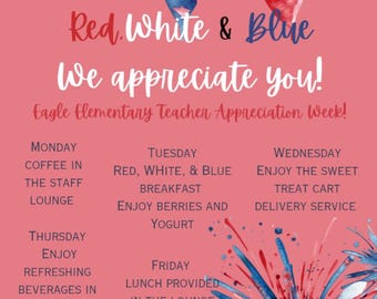 Red white & blue teacher appreciation week flyer digital and editable