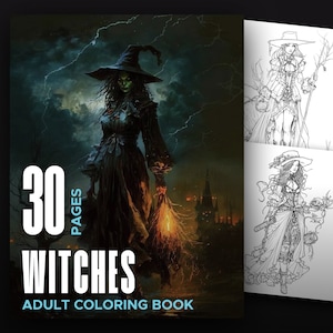 Witches Adult Coloring Book - 30 printable digital download full-body illustrations of witches coloring pages