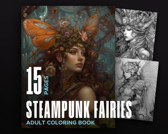 Steampunk Fairies Adult Coloring Book - 15 printable digital download steampunk fairy coloring book pages for adults