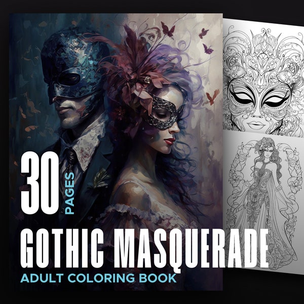 Gothic Masquerade Adult Coloring Book - 30 printable digital download skull coloring book pages for adults