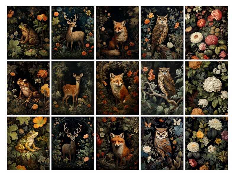 William Morris Style Forest Animals Art Set 35 Printable Owl Deer Frog ...
