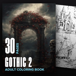 Gothic 2 Adult Coloring Book - 30 printable digital download gothic adult coloring pages of witches churches and eerie elements