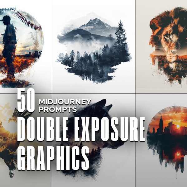 50 Double Exposure Midjourney Prompts - Midjourney Guide for T-Shirt Design Prompts Clipart Prompts AI Digital Art